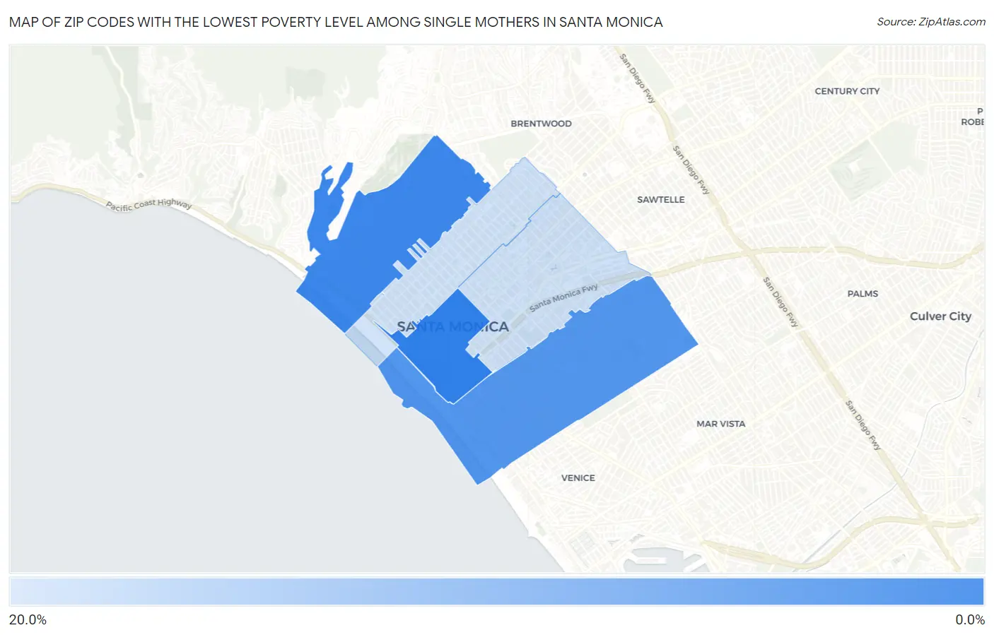 Zip Codes with the Lowest Poverty Level Among Single Mothers in Santa Monica Map