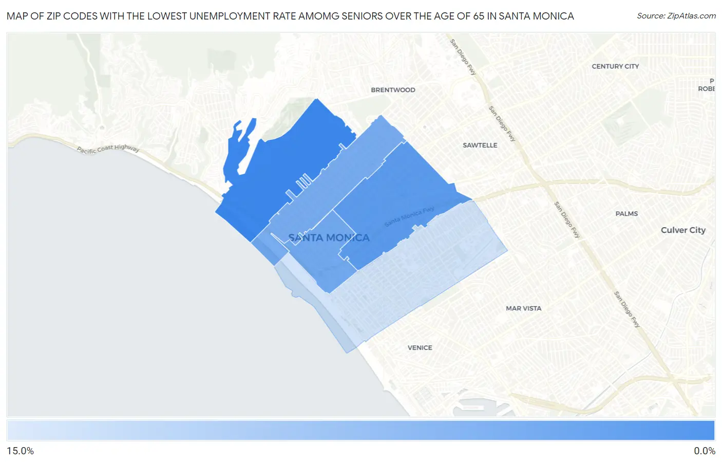 Zip Codes with the Lowest Unemployment Rate Amomg Seniors Over the Age of 65 in Santa Monica Map