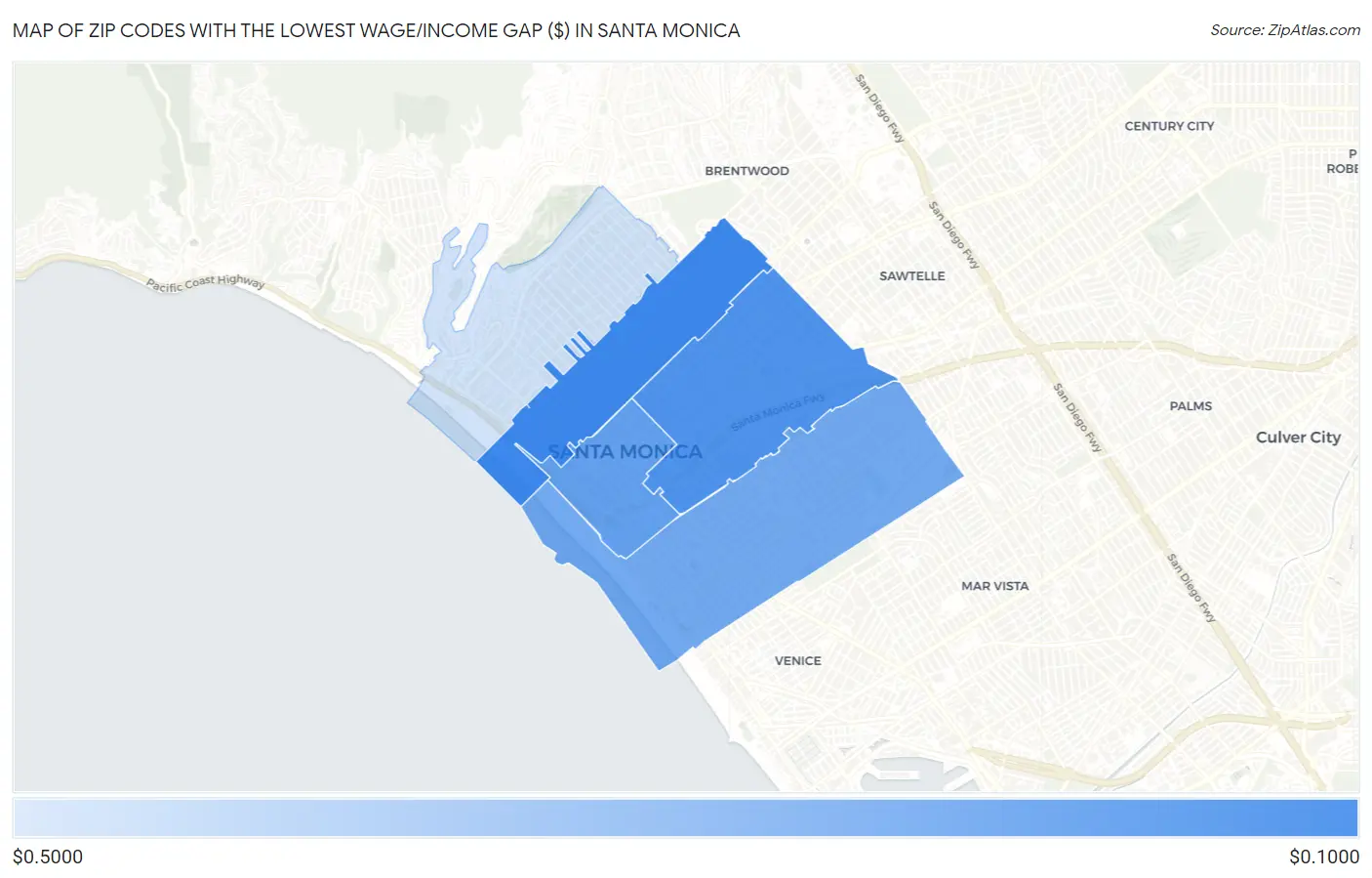 Zip Codes with the Lowest Wage/Income Gap ($) in Santa Monica Map