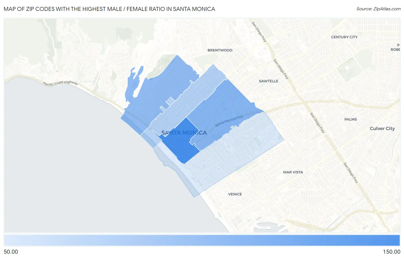 Zip Codes with the Highest Male / Female Ratio in Santa Monica Map