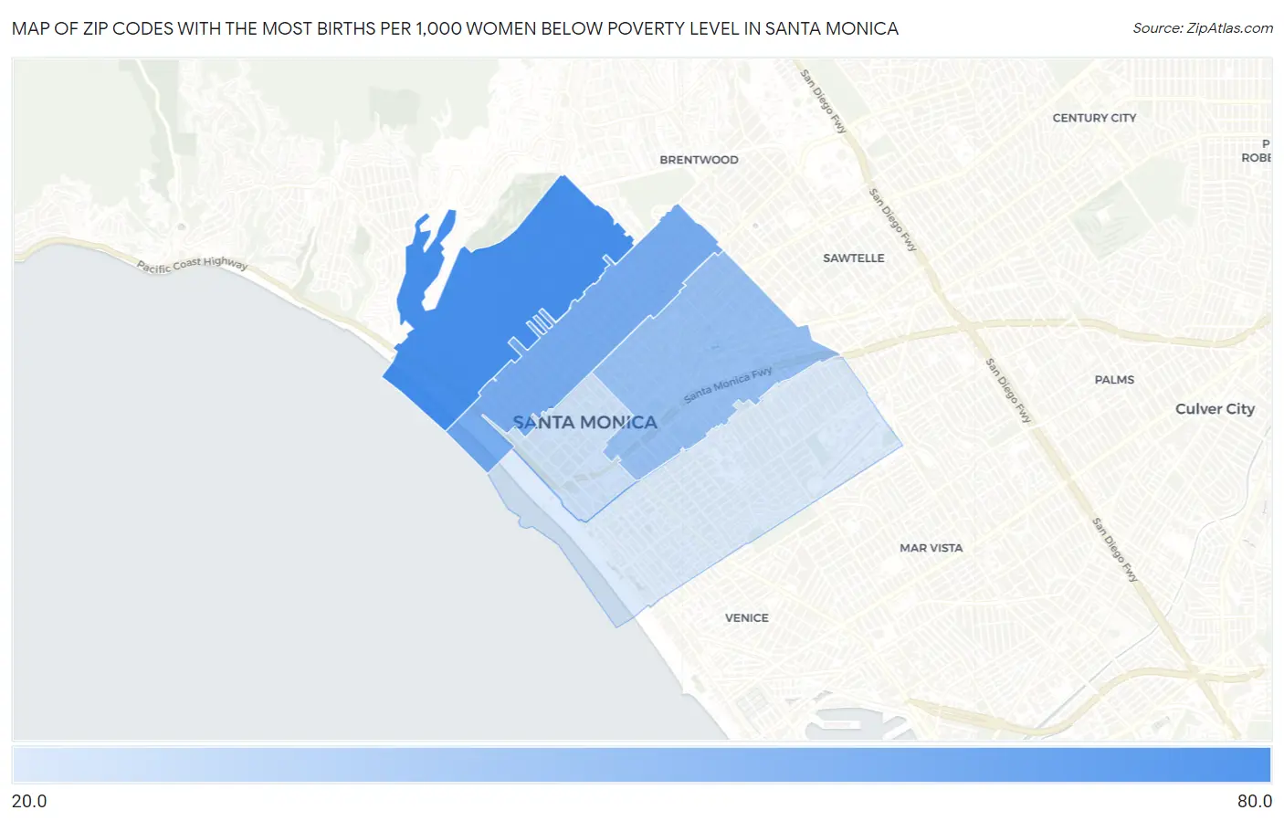 Zip Codes with the Most Births per 1,000 Women Below Poverty Level in Santa Monica Map