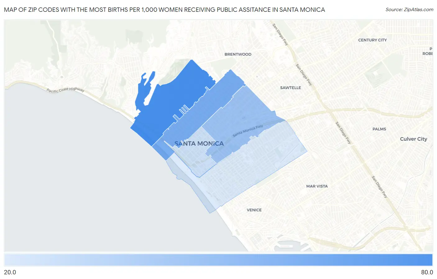 Zip Codes with the Most Births per 1,000 Women Receiving Public Assitance in Santa Monica Map