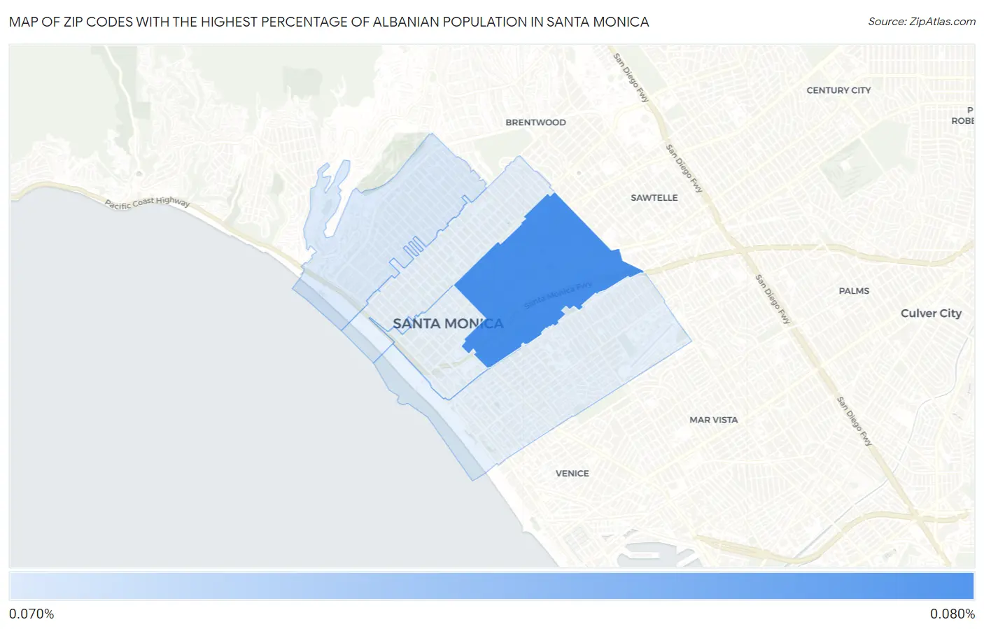 Zip Codes with the Highest Percentage of Albanian Population in Santa Monica Map