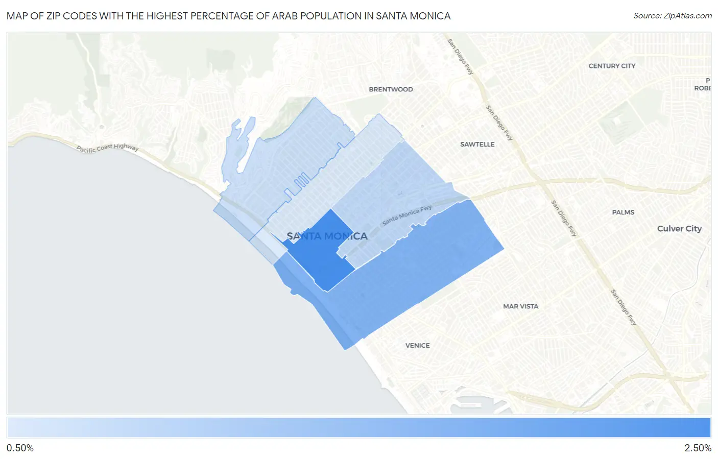 Zip Codes with the Highest Percentage of Arab Population in Santa Monica Map
