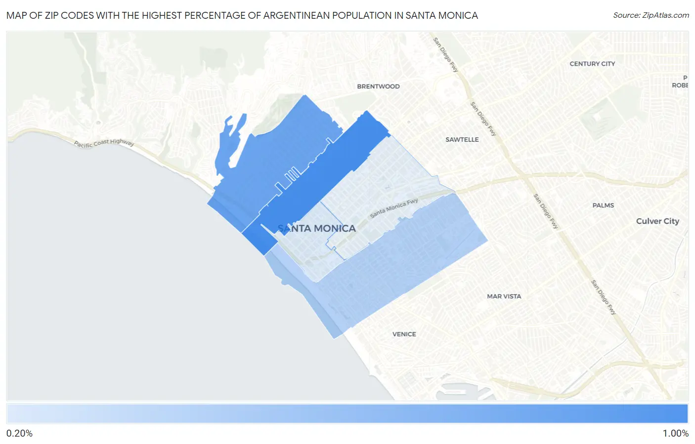 Zip Codes with the Highest Percentage of Argentinean Population in Santa Monica Map