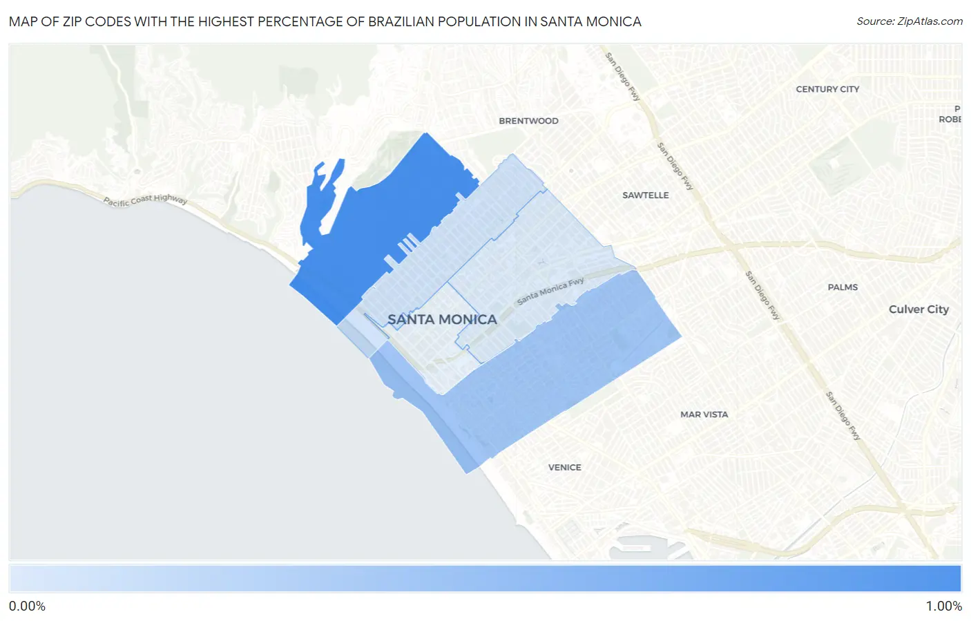 Zip Codes with the Highest Percentage of Brazilian Population in Santa Monica Map