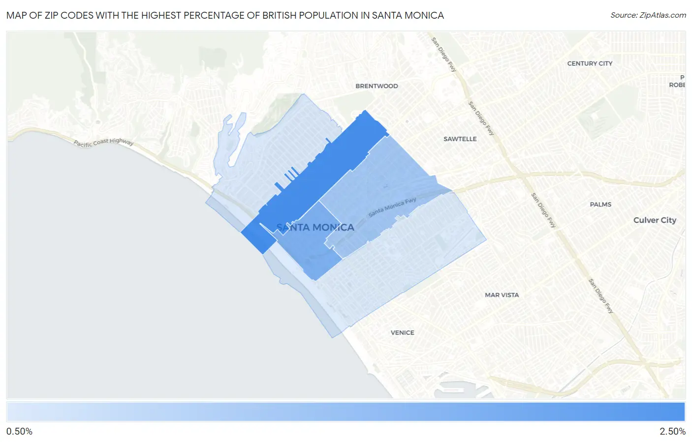 Zip Codes with the Highest Percentage of British Population in Santa Monica Map