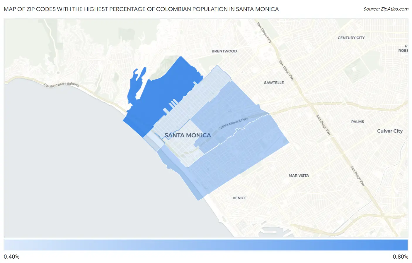 Zip Codes with the Highest Percentage of Colombian Population in Santa Monica Map