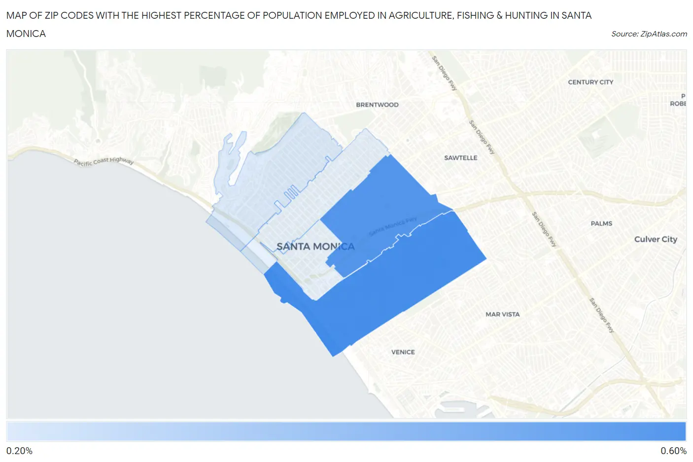 Zip Codes with the Highest Percentage of Population Employed in Agriculture, Fishing & Hunting in Santa Monica Map