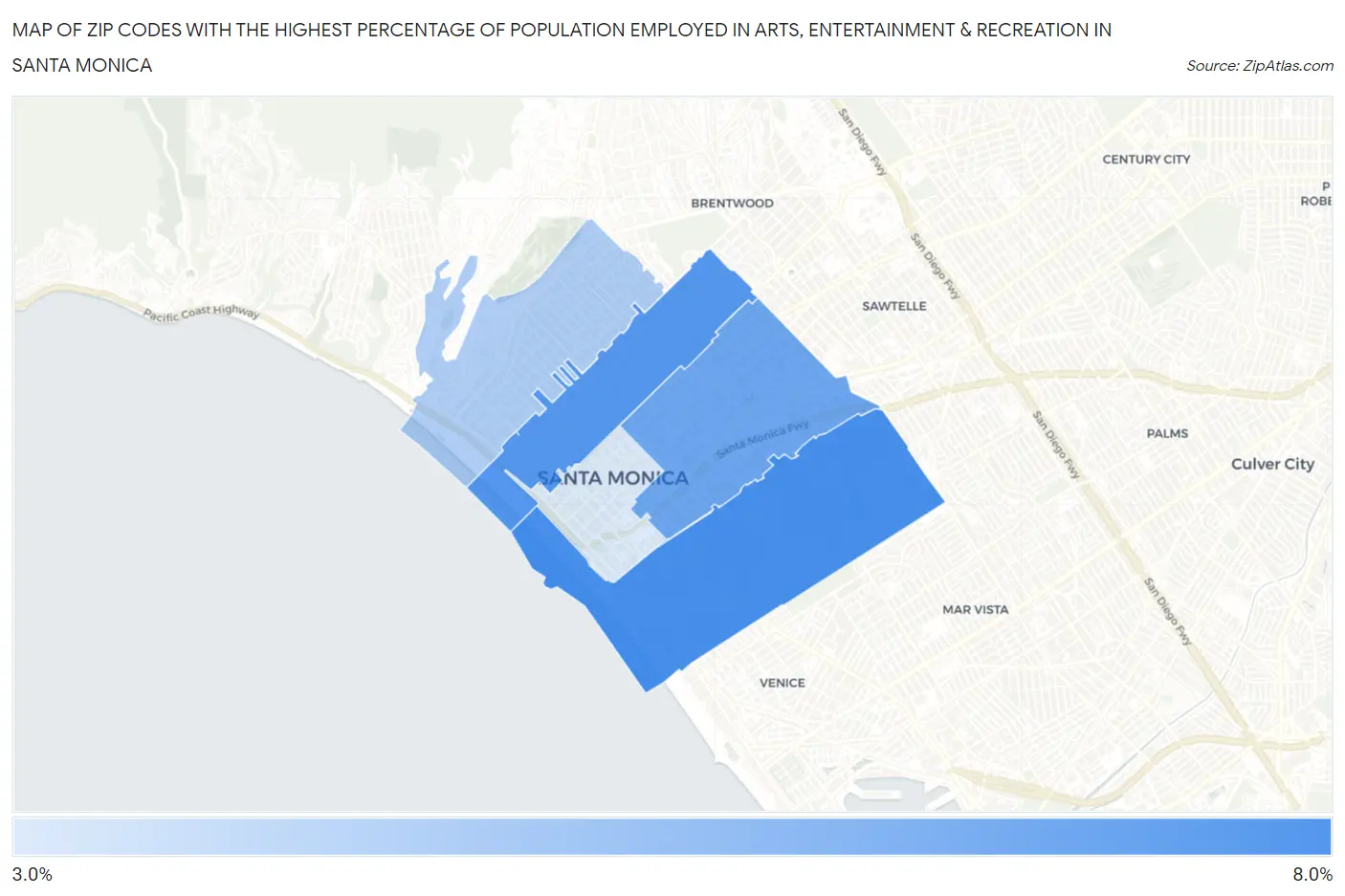 Zip Codes with the Highest Percentage of Population Employed in Arts, Entertainment & Recreation in Santa Monica Map
