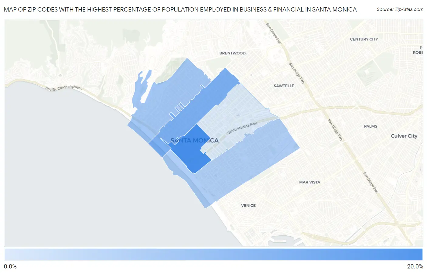 Zip Codes with the Highest Percentage of Population Employed in Business & Financial in Santa Monica Map
