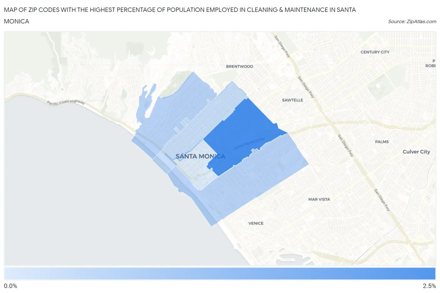 Zip Codes with the Highest Percentage of Population Employed in Cleaning & Maintenance in Santa Monica Map
