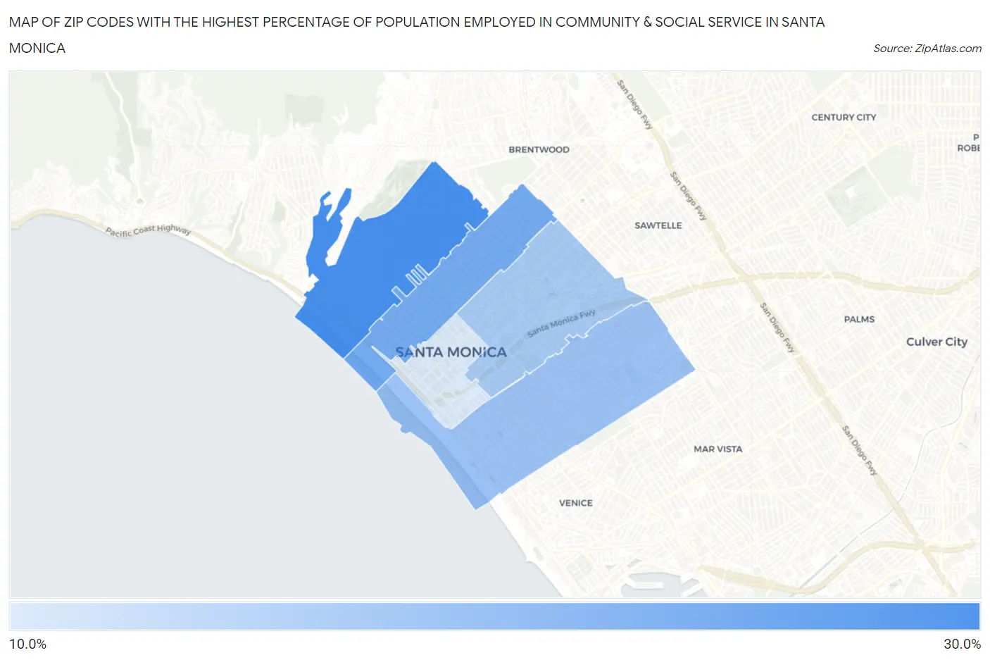 Zip Codes with the Highest Percentage of Population Employed in Community & Social Service  in Santa Monica Map