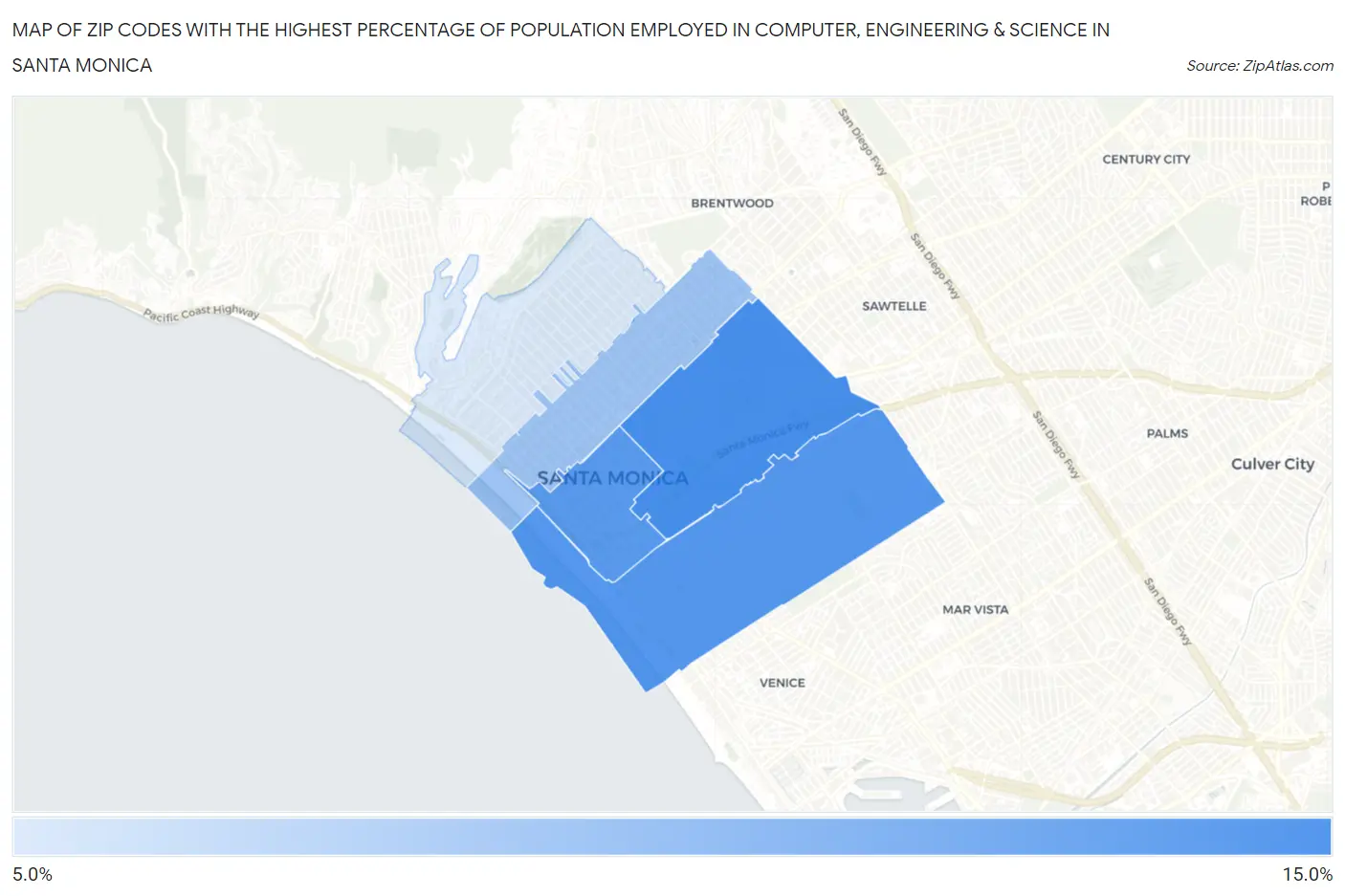 Zip Codes with the Highest Percentage of Population Employed in Computer, Engineering & Science in Santa Monica Map