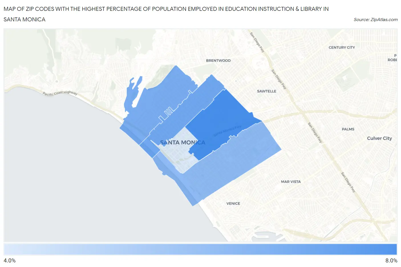 Zip Codes with the Highest Percentage of Population Employed in Education Instruction & Library in Santa Monica Map