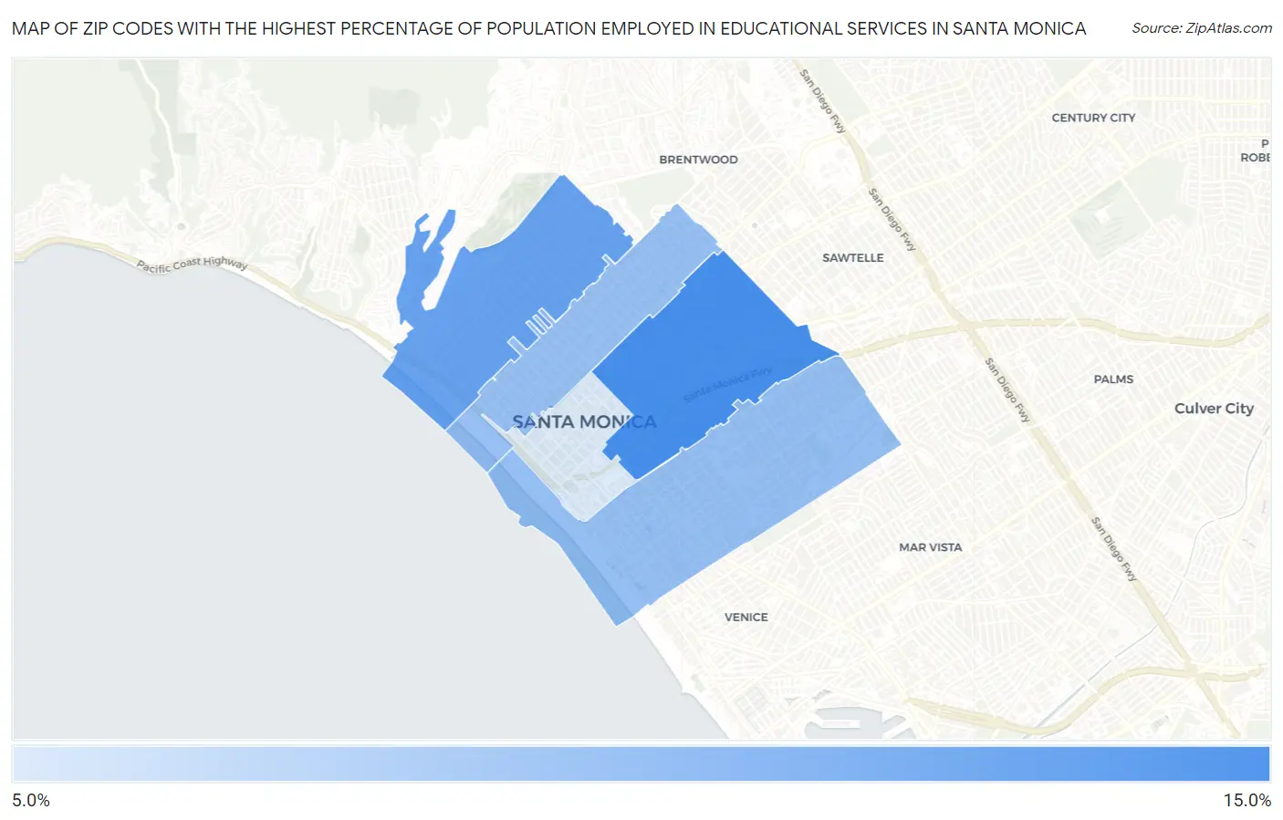 Zip Codes with the Highest Percentage of Population Employed in Educational Services in Santa Monica Map