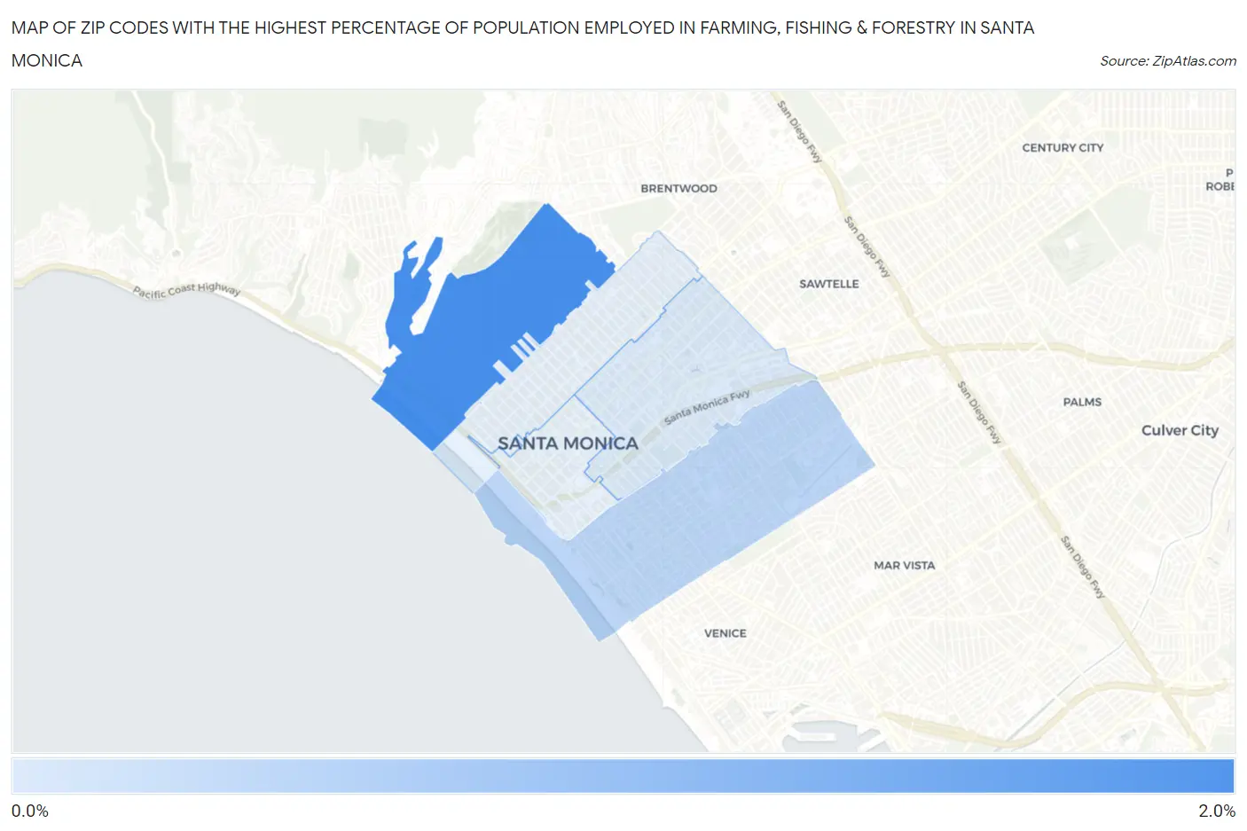 Zip Codes with the Highest Percentage of Population Employed in Farming, Fishing & Forestry in Santa Monica Map