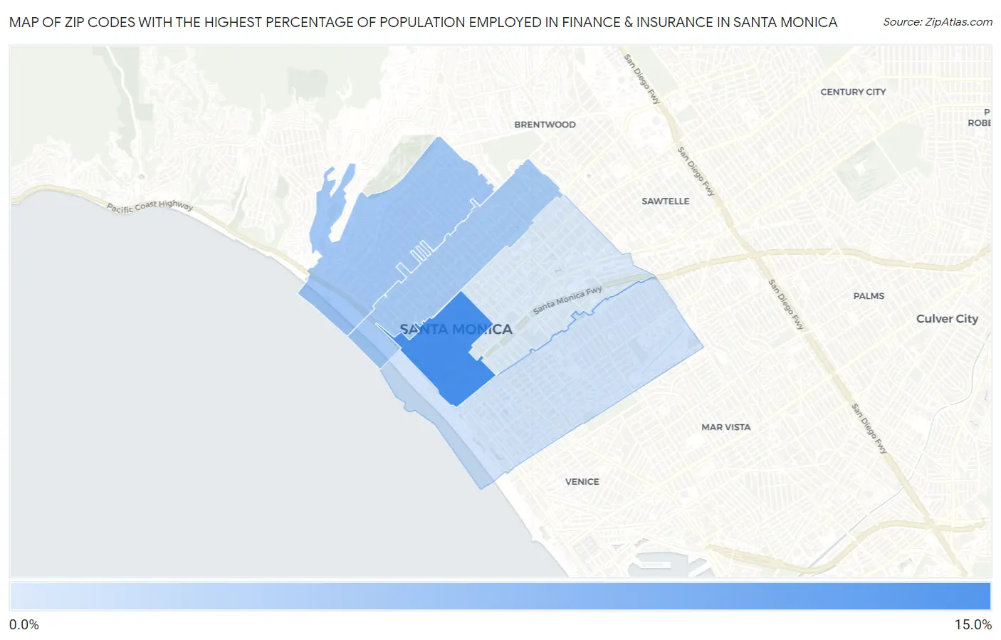 Zip Codes with the Highest Percentage of Population Employed in Finance & Insurance in Santa Monica Map