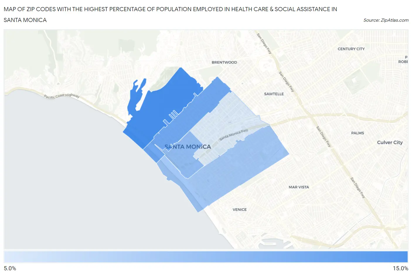 Zip Codes with the Highest Percentage of Population Employed in Health Care & Social Assistance in Santa Monica Map