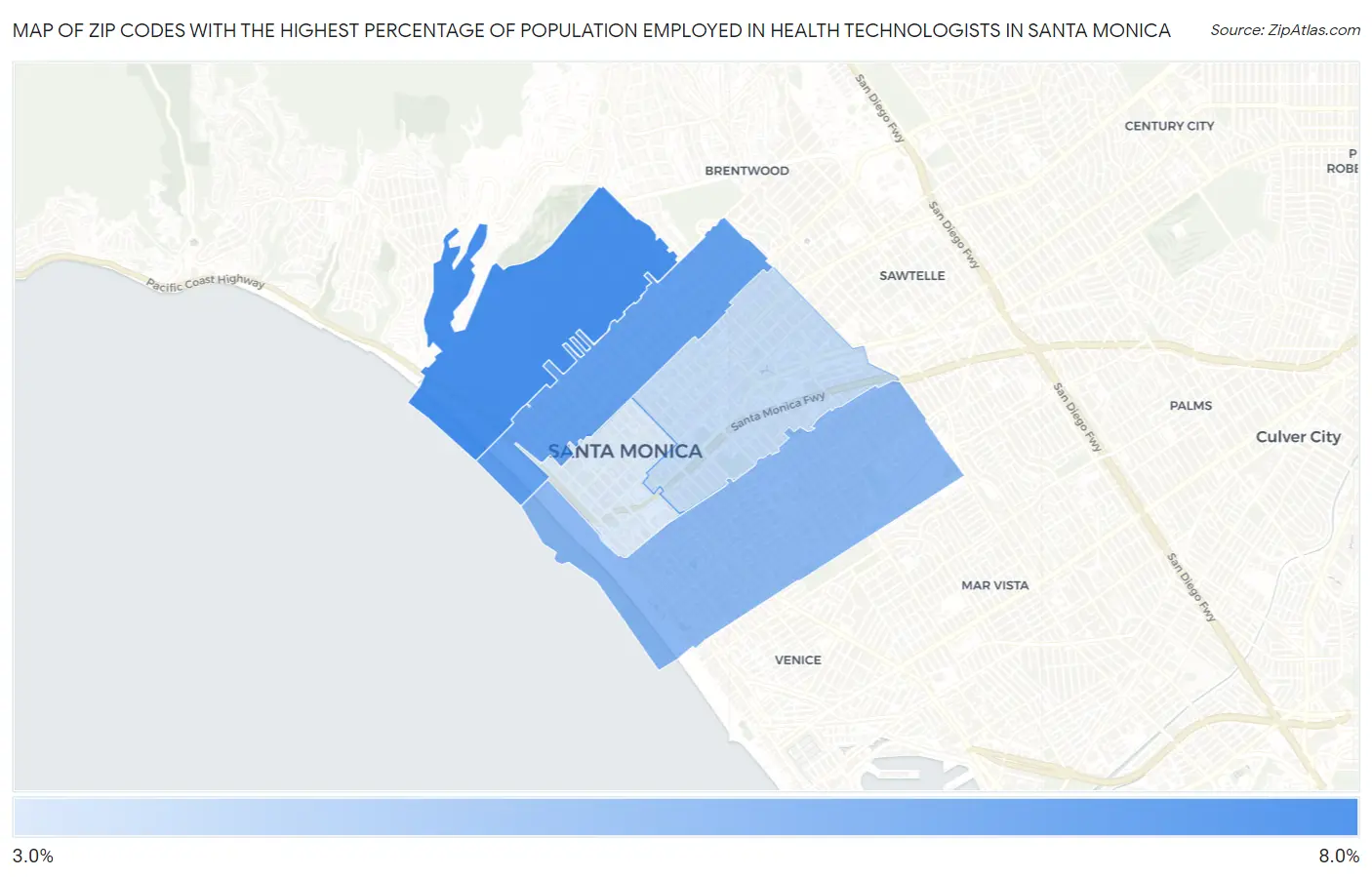 Zip Codes with the Highest Percentage of Population Employed in Health Technologists in Santa Monica Map