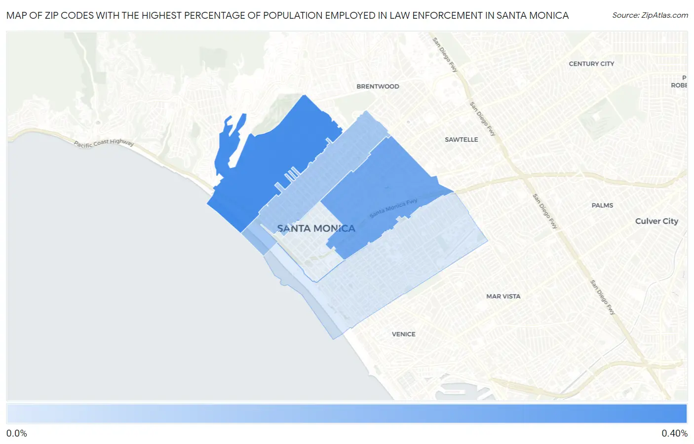 Zip Codes with the Highest Percentage of Population Employed in Law Enforcement in Santa Monica Map