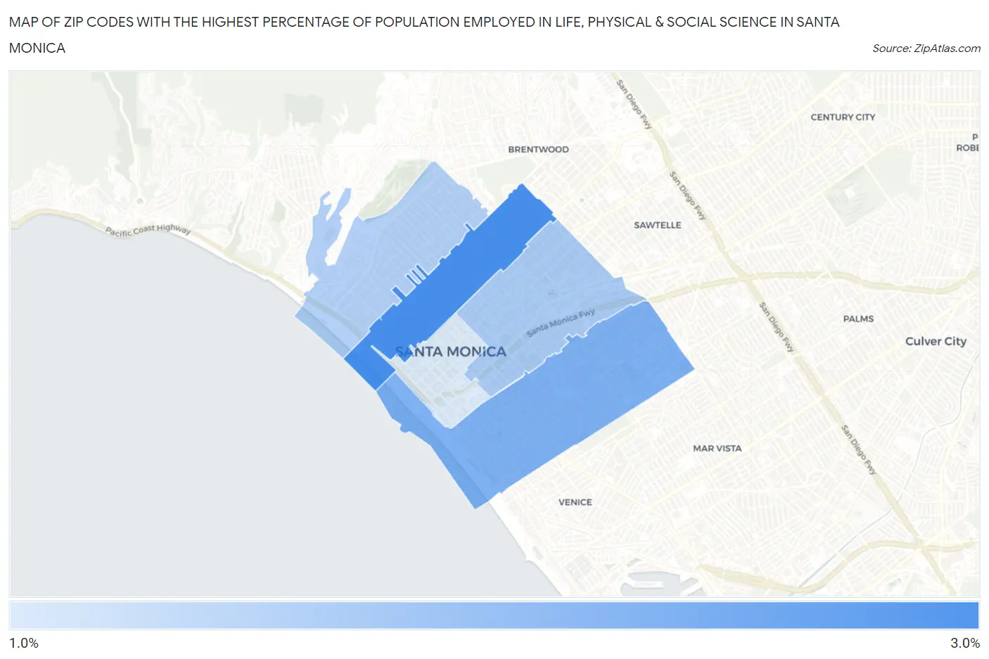 Zip Codes with the Highest Percentage of Population Employed in Life, Physical & Social Science in Santa Monica Map