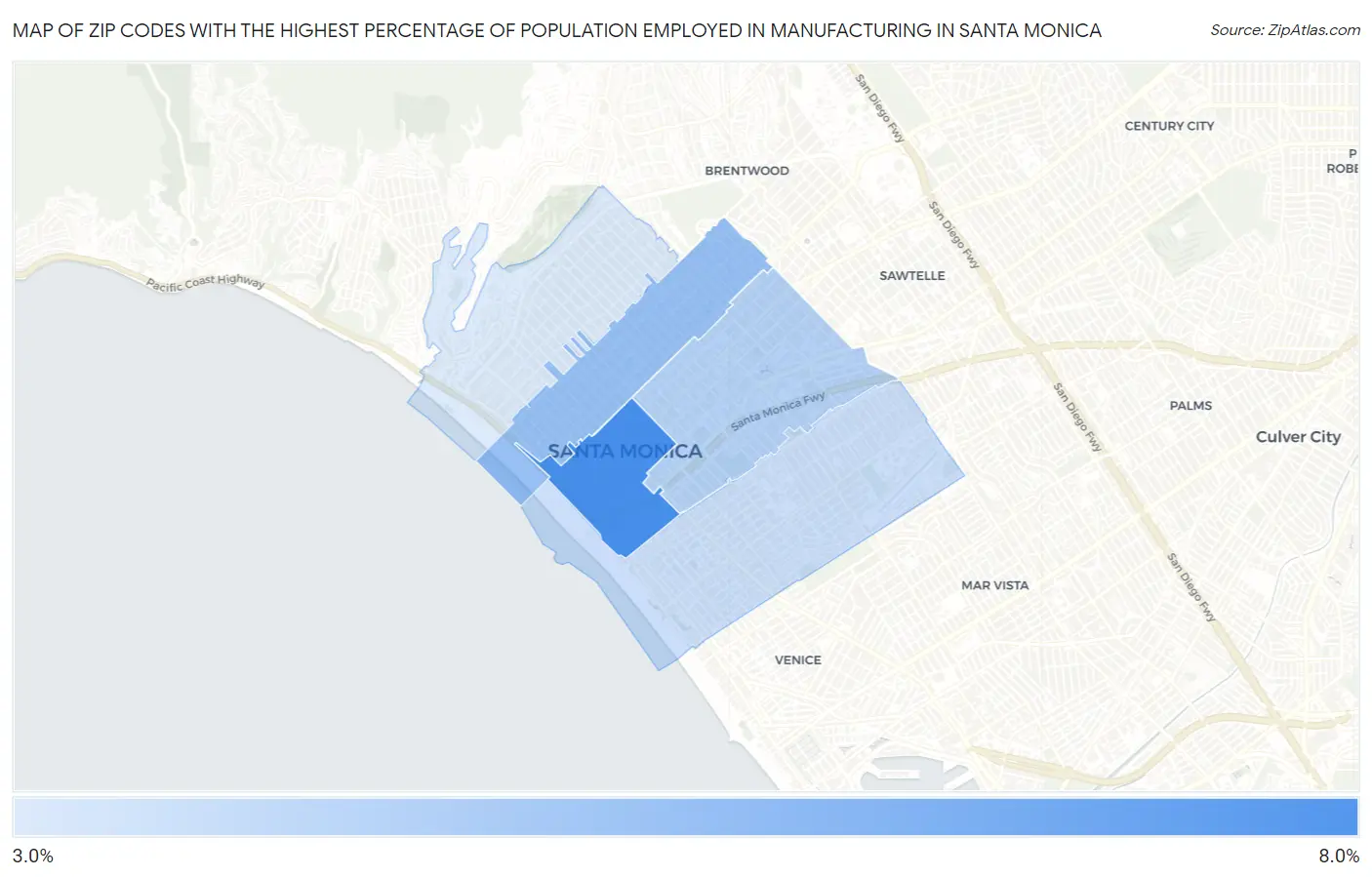 Zip Codes with the Highest Percentage of Population Employed in Manufacturing in Santa Monica Map