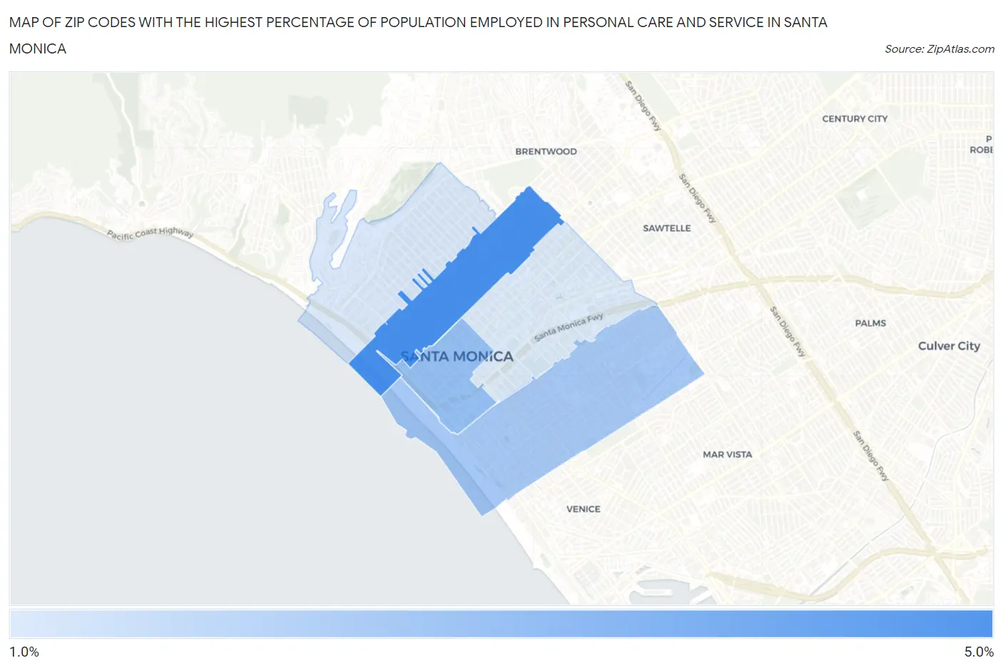 Zip Codes with the Highest Percentage of Population Employed in Personal Care and Service in Santa Monica Map