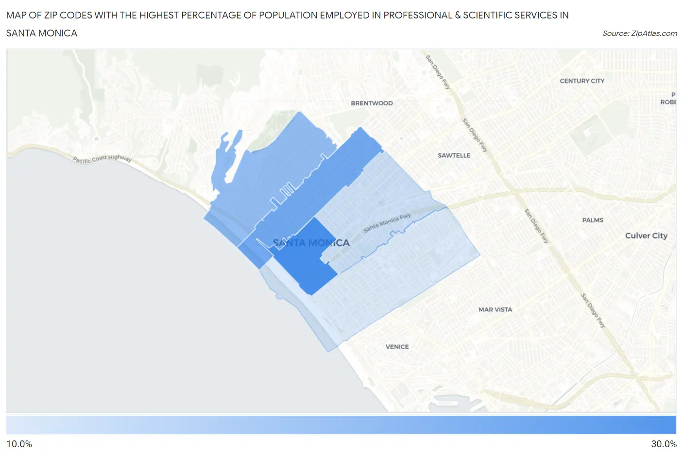 Zip Codes with the Highest Percentage of Population Employed in Professional & Scientific Services in Santa Monica Map