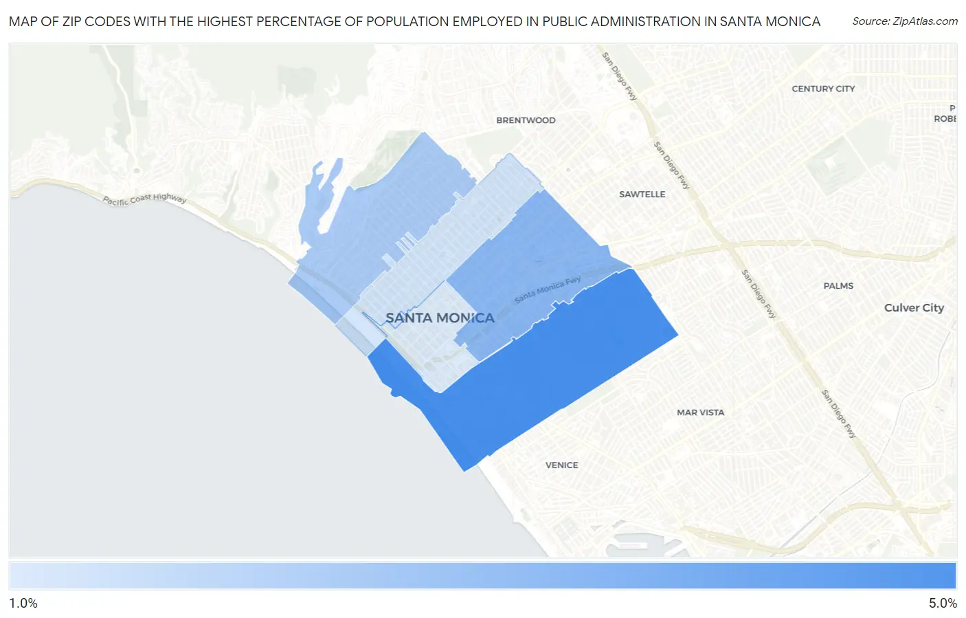 Zip Codes with the Highest Percentage of Population Employed in Public Administration in Santa Monica Map