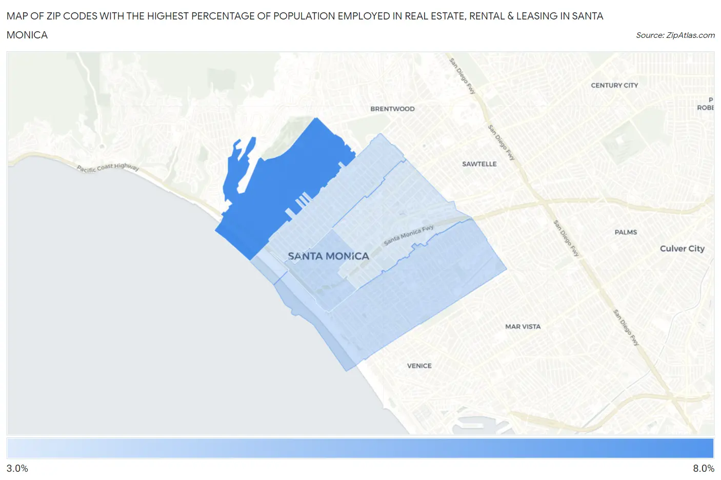 Zip Codes with the Highest Percentage of Population Employed in Real Estate, Rental & Leasing in Santa Monica Map