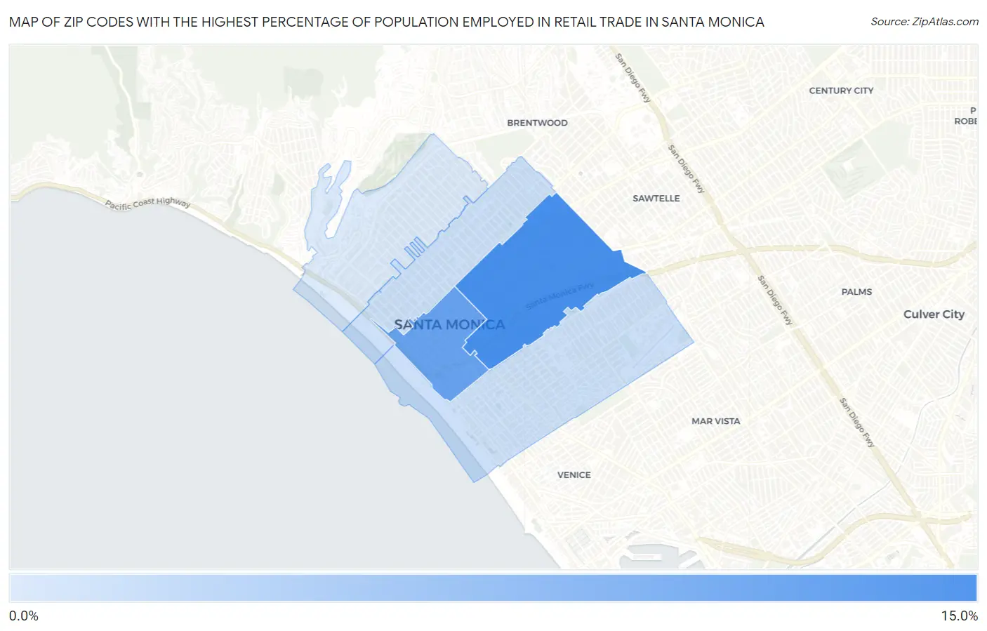 Zip Codes with the Highest Percentage of Population Employed in Retail Trade in Santa Monica Map