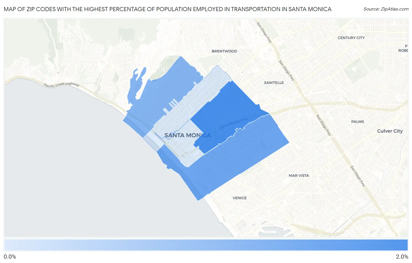 Zip Codes with the Highest Percentage of Population Employed in Transportation in Santa Monica Map