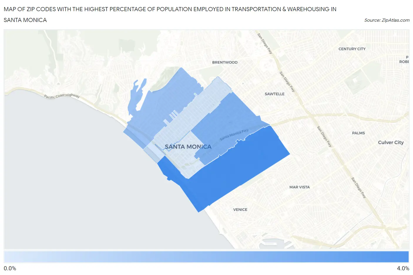 Zip Codes with the Highest Percentage of Population Employed in Transportation & Warehousing in Santa Monica Map