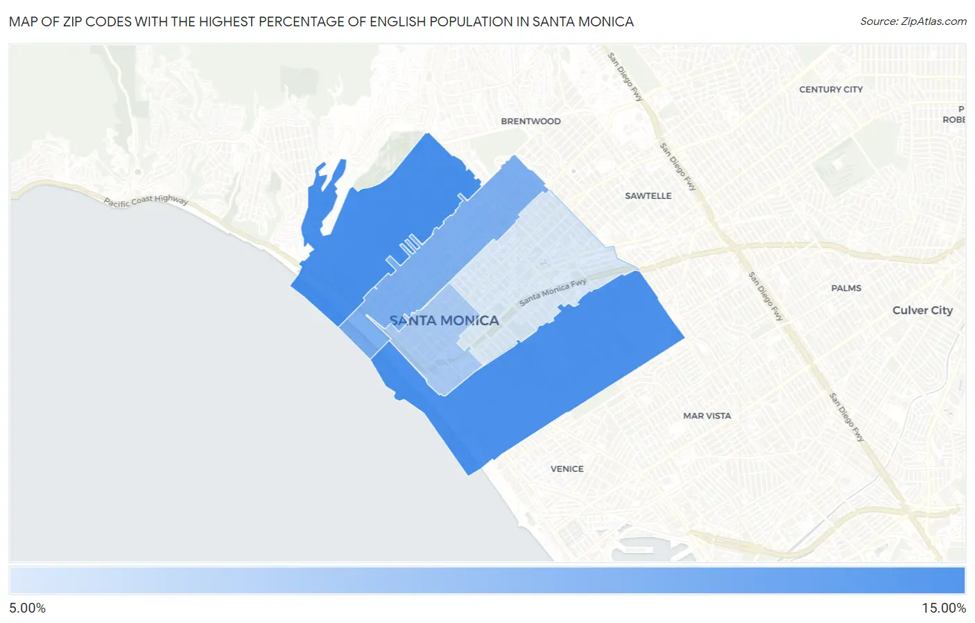 Zip Codes with the Highest Percentage of English Population in Santa Monica Map