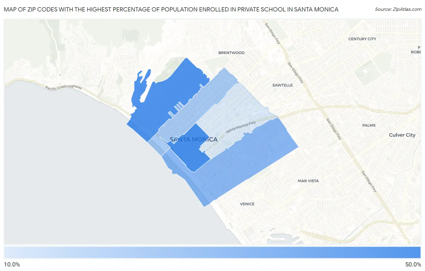 Zip Codes with the Highest Percentage of Population Enrolled in Private School in Santa Monica Map