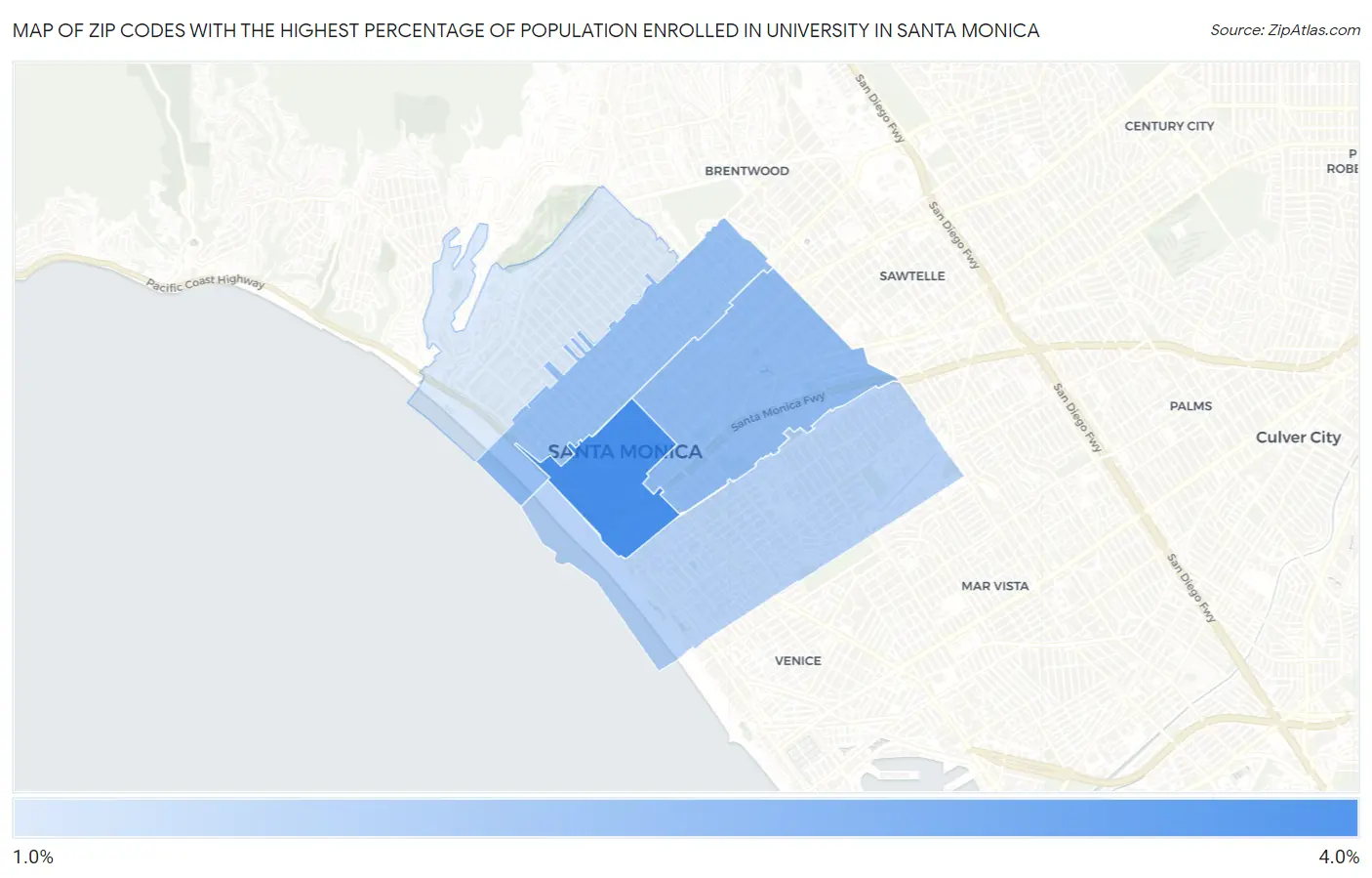 Zip Codes with the Highest Percentage of Population Enrolled in University in Santa Monica Map