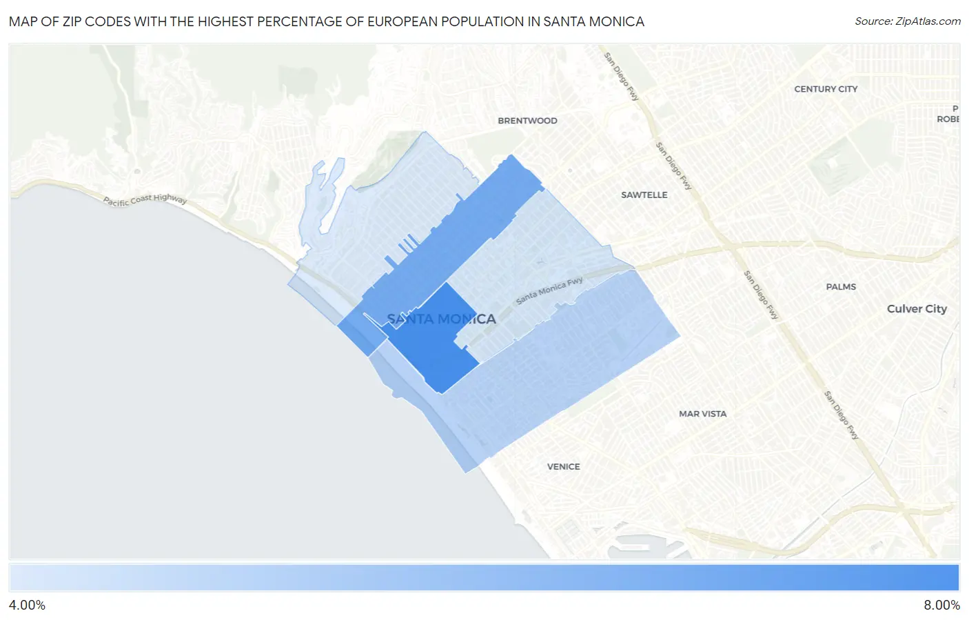 Zip Codes with the Highest Percentage of European Population in Santa Monica Map