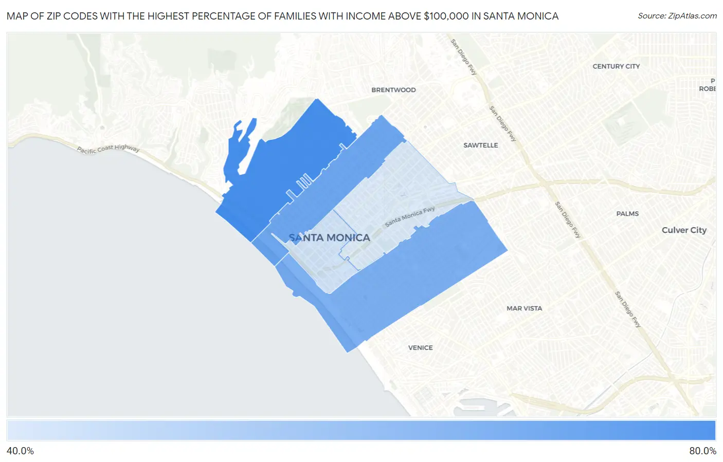 Zip Codes with the Highest Percentage of Families with Income Above $100,000 in Santa Monica Map