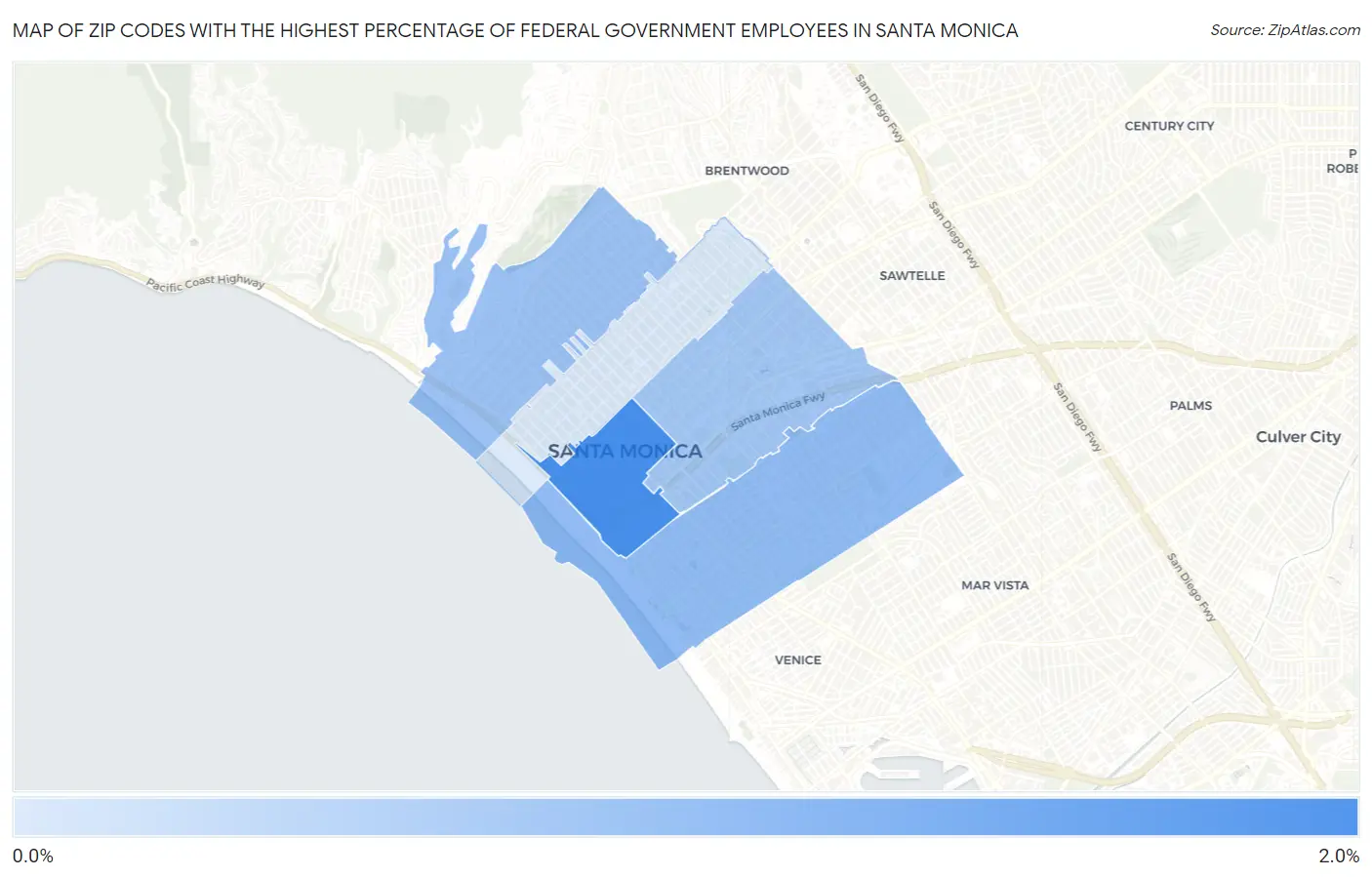 Zip Codes with the Highest Percentage of Federal Government Employees in Santa Monica Map