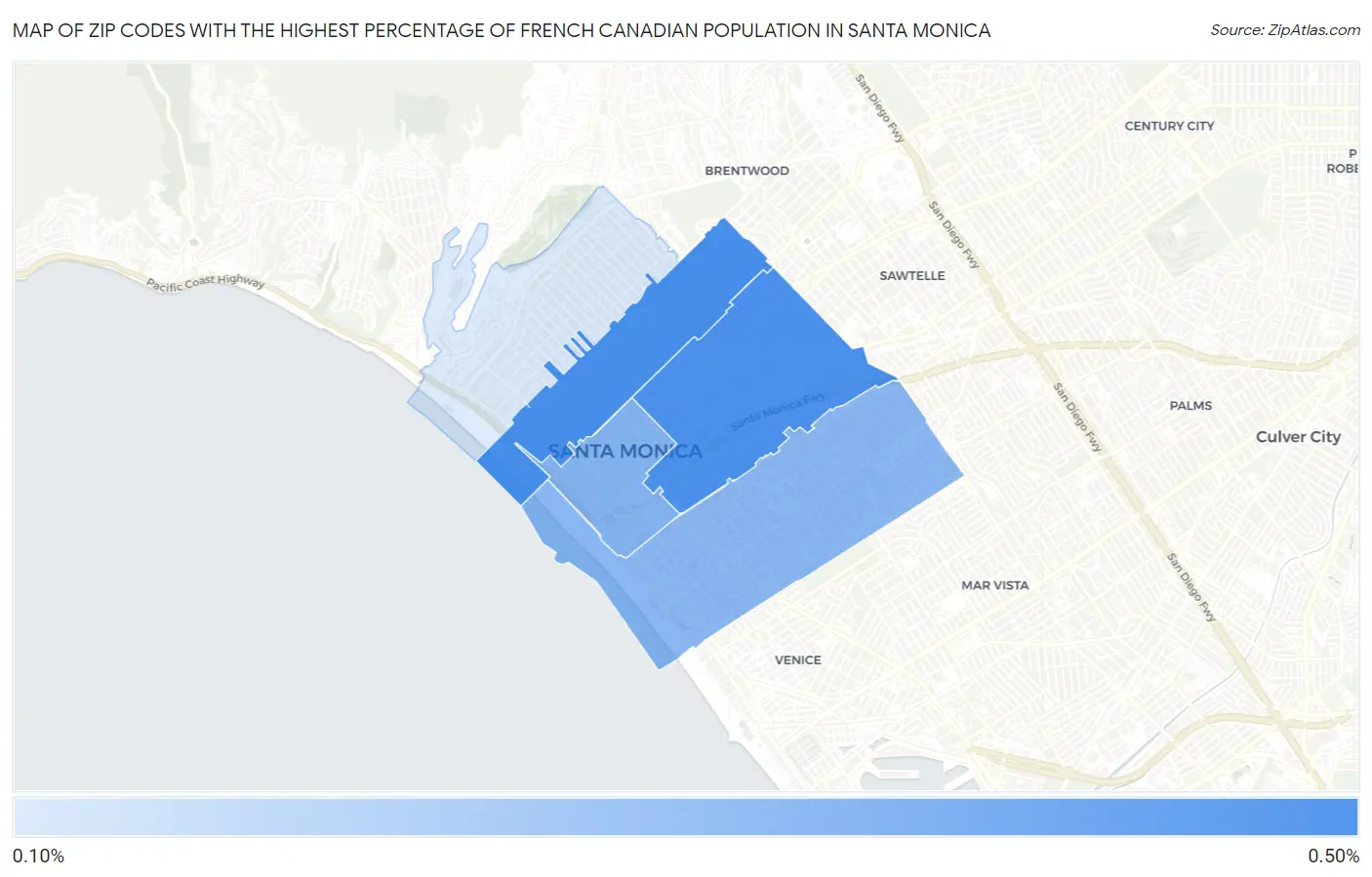 Zip Codes with the Highest Percentage of French Canadian Population in Santa Monica Map