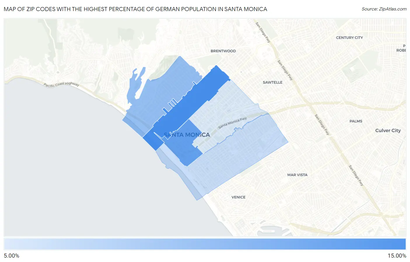 Zip Codes with the Highest Percentage of German Population in Santa Monica Map
