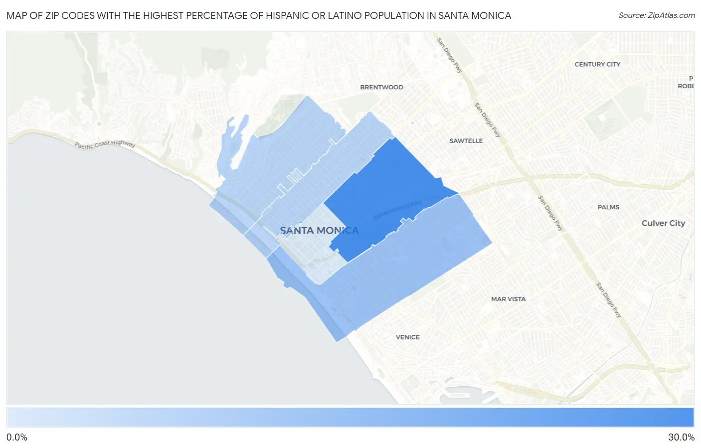 Zip Codes with the Highest Percentage of Hispanic or Latino Population in Santa Monica Map