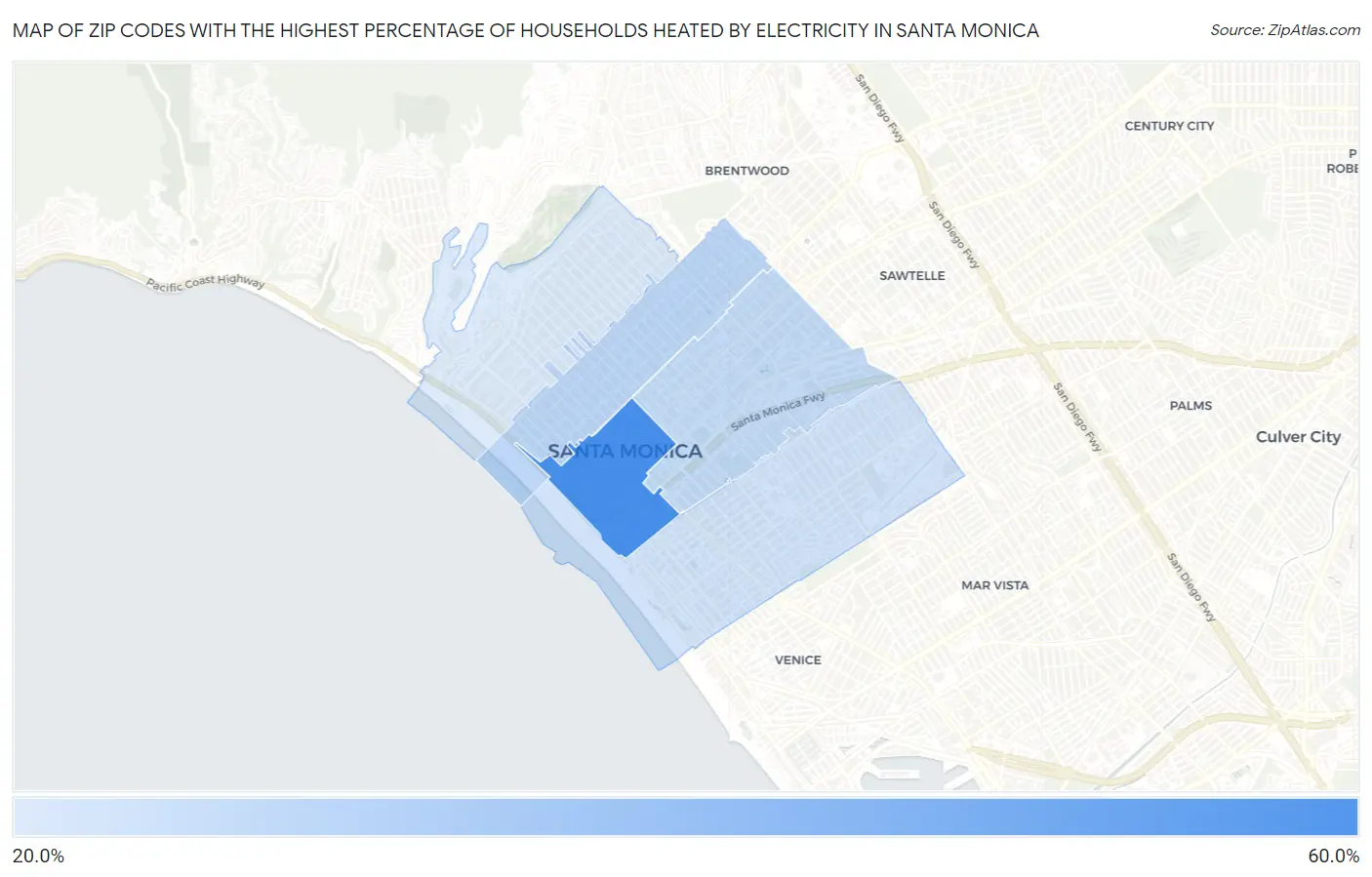 Zip Codes with the Highest Percentage of Households Heated by Electricity in Santa Monica Map