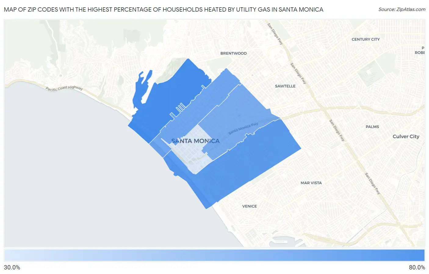 Zip Codes with the Highest Percentage of Households Heated by Utility Gas in Santa Monica Map