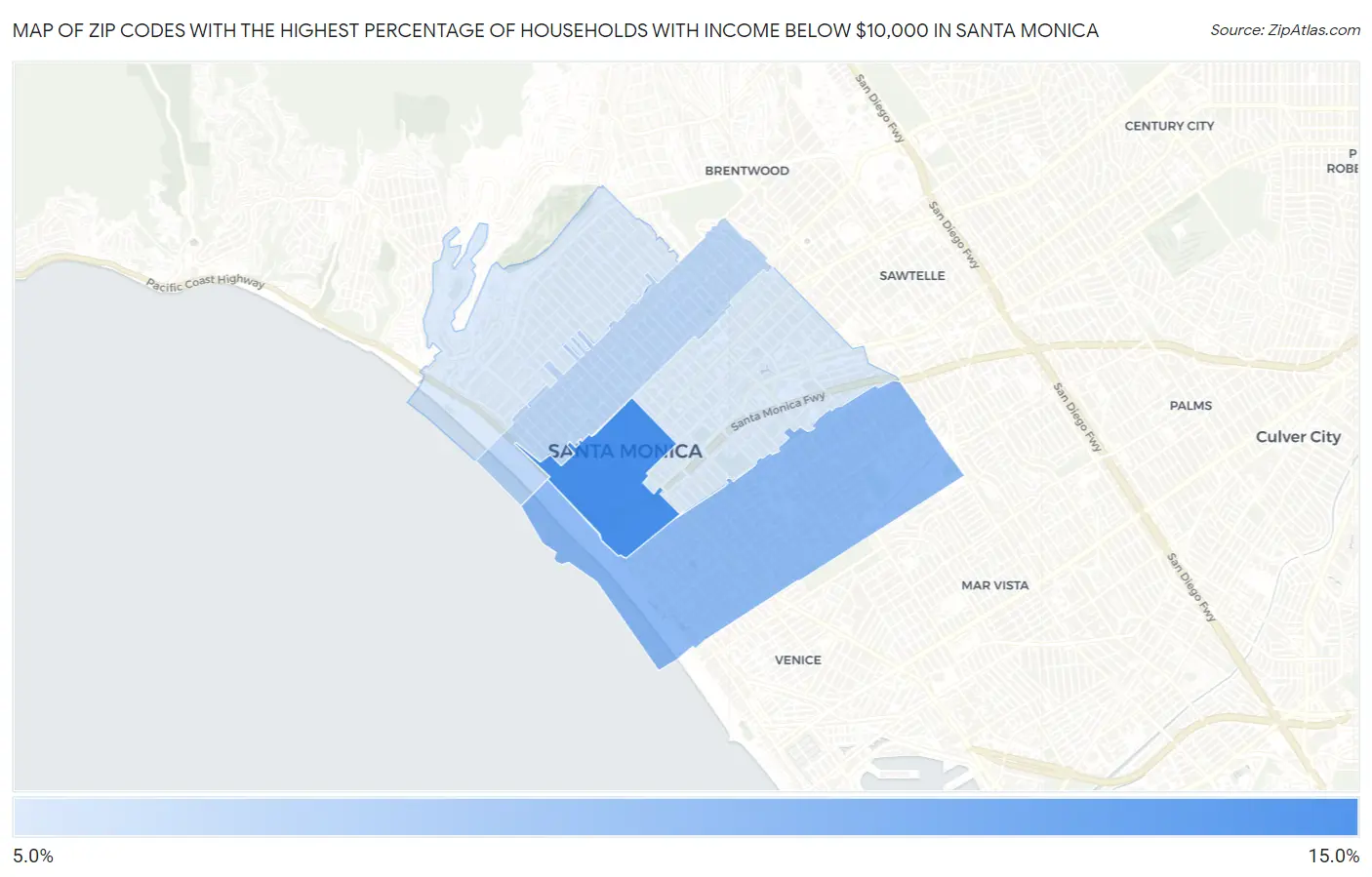 Zip Codes with the Highest Percentage of Households with Income Below $10,000 in Santa Monica Map