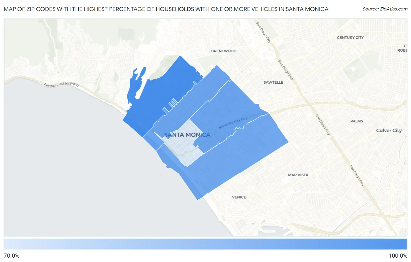 Zip Codes with the Highest Percentage of Households With One or more Vehicles in Santa Monica Map
