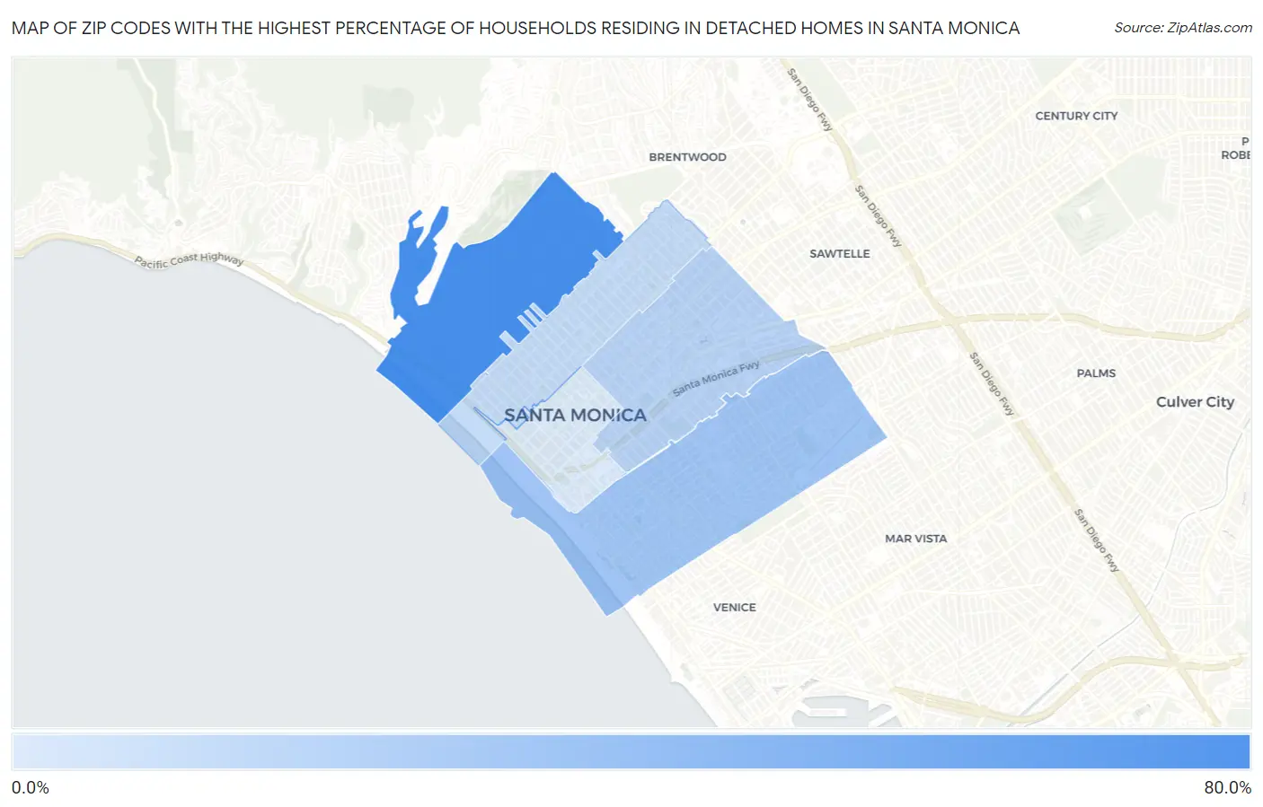 Zip Codes with the Highest Percentage of Households Residing in Detached Homes in Santa Monica Map