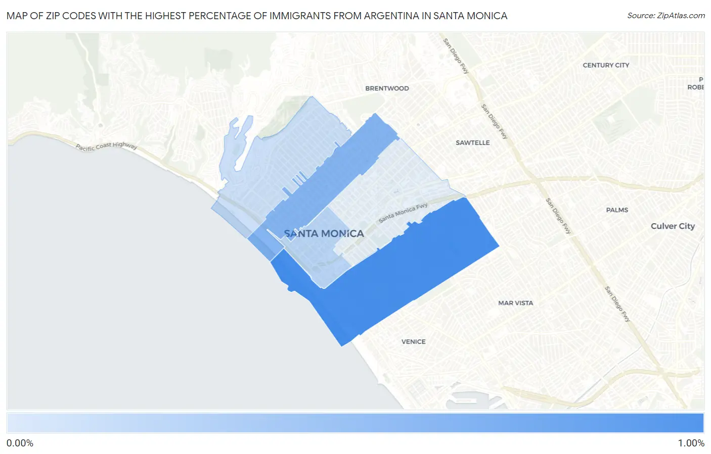 Zip Codes with the Highest Percentage of Immigrants from Argentina in Santa Monica Map