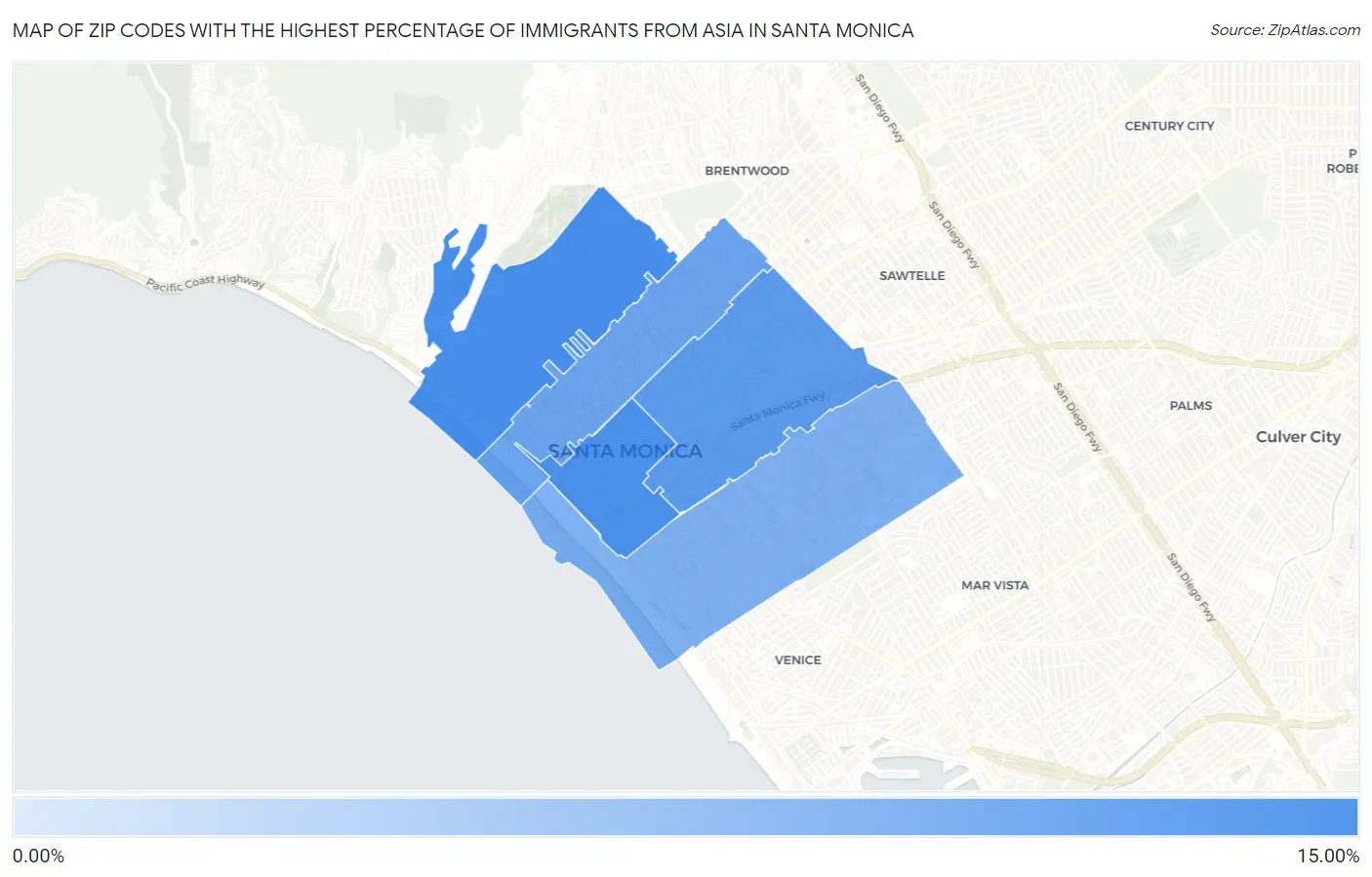 Zip Codes with the Highest Percentage of Immigrants from Asia in Santa Monica Map